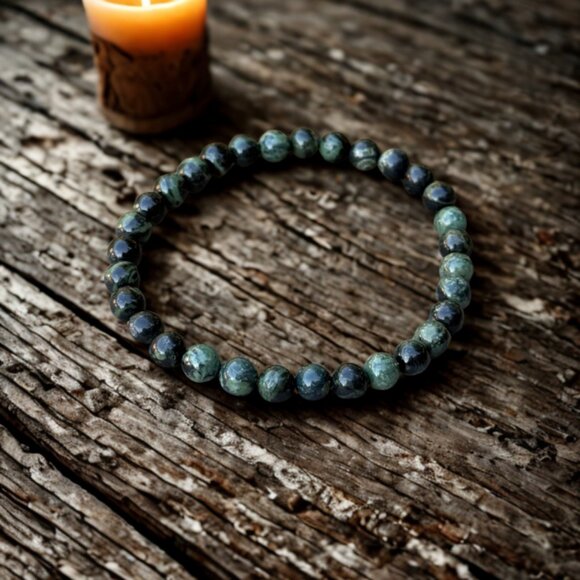 Green Rhyolite Gemstone Beaded Stretchy Bracelet - 6mm Crystal Jewelry - Picture 3 of 10